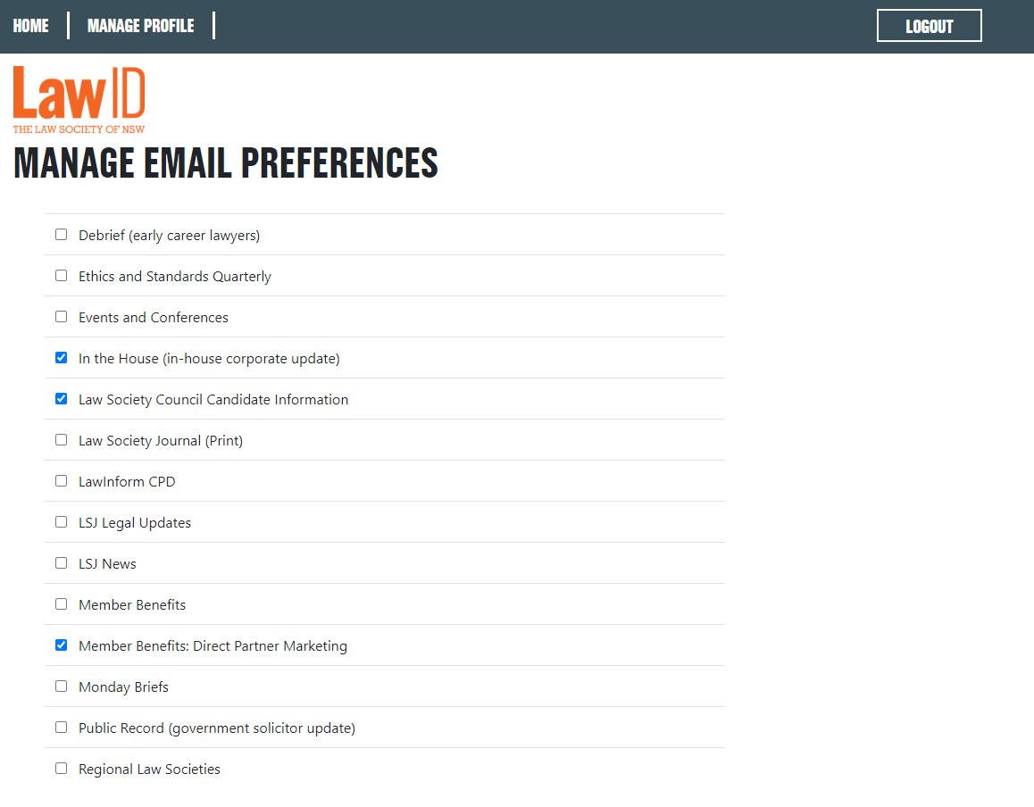 Screenshot of email preferences with checkboxes selected